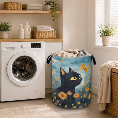 Black Cat Laundry Hamper with Sturdy Handles, Collapsible Laundry Basket, Waterproof Clothes Storage Organizer, Large Capacity for Bathroom Bedroom - color: Black Cat in Flower