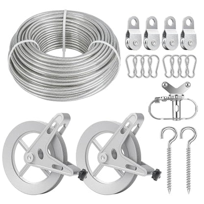 Clothesline Pulley Kit with Aluminum Pulley& 150ft 3/16" PVC Cable - size: 150FT Silvery