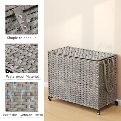 Laundry Hamper with Wheels, 60.72 Gallon(230L) Rolling Laundry Basket with Lid, Removable Large 3 Color Liners & 3 Mesh Laundry Bags, Clothes Hamper with Side Pocket, Grey - color: Grey, size: 35.43"L x 15.75"W x 25.6"H