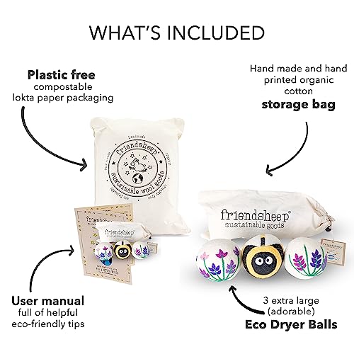 Friendsheep Wool Dryer Balls, Organic Reusable Fabric Softener Alternative for Laundry, Handmade, Fair Trade, Hypoallergenic, Eco-Friendly, Plastic-Free (3 Pack XL – Lavender Fields Bee Flower) | Reusable fabric softener alternative Organic wool, handmade