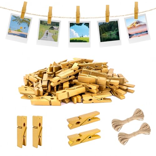 jijAcraft 1.4Inch Mini Clothes Pins - 100Pcs Wooden Clothespins with String - color: Gold Gold, size: 1.4 inch, 100 pcs