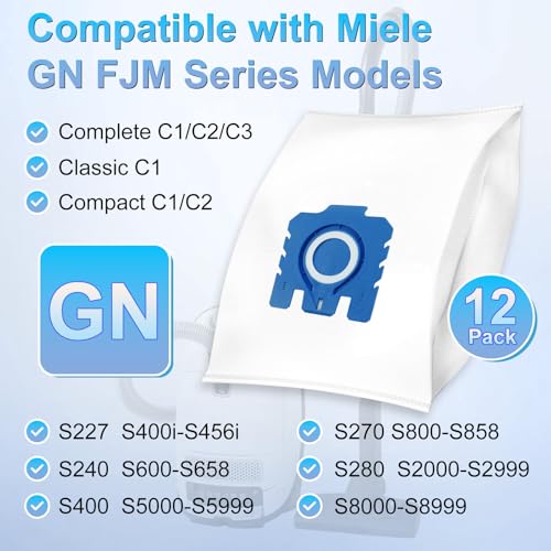 12 Pack 3D Airclean GN Vacuum Cleaner Bags for Miele Classic C1 Complete C1