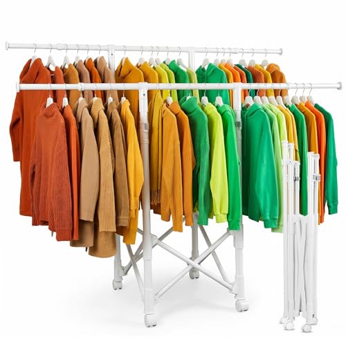 Clothes Rack, Rolling Clothes Drying Rack for Hanging Clothes Portable Foldable Laundry Rack for Air Drying Clothing Double Rods, Metal Garment Racks 21.7"*56.7"*60.6", White