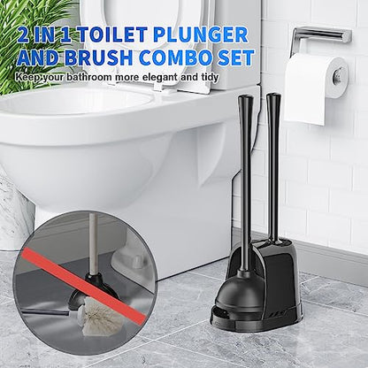 LOVLOY Toilet Plunger and Brush, Silicone Bowl Brush and Heavy Duty Toilet Plunger Set with Ventilated Holder, 2-in-1 Toilet Brush and Plunger Combo for 5.3-inch Toilet Drain Bathroom Cleaning - color: Black