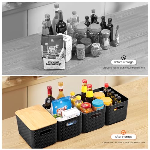 Ohmlove 4 Pack Storage Bins with Bamboo Lids,Stackable Box for Organization - color: Black