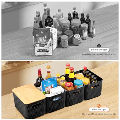 Ohmlove 4 Pack Storage Bins with Bamboo Lids,Stackable Box for Organization - color: Black