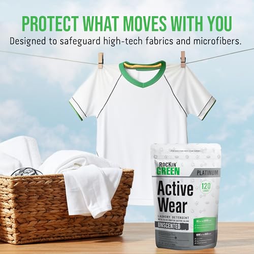 Rockin' Green Active Wear Laundry Detergent Powder & Odor Eliminator for Sportswear & Workout Clothes, Plant-Based Enzymes Target Sweat & Odor, Dermatologist Tested, Unscented, 120 Loads - size: 120 Loads