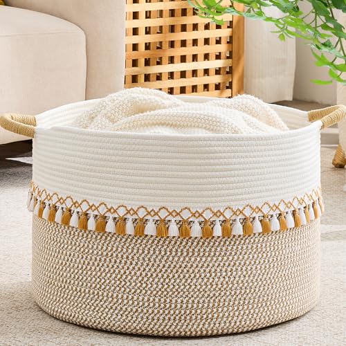 KAKAMAY Large Blanket Basket with Handles, Storage Basket for Living Room - color: Brown and Taupe