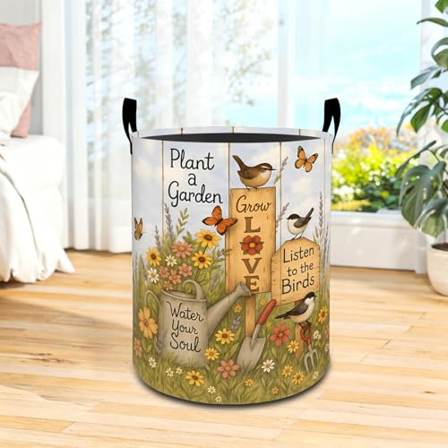 Garden Bird Laundry Basket with Handles, Rustic Floral Signs Foldable Clothes Hamper, Vintage Cottage Waterproof Oxford Cloth Storage Bin Gifts Decor for Bedroom Bathroom Closet, 19.7"X15.7" - color: Bird