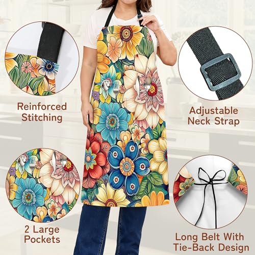 Cooking Aprons for Men and Women,Adjustable Bib Chef Apron with 2 Pockets, Soft and Durability Kitchen Apron - color: Flower Cute Mandala Floral