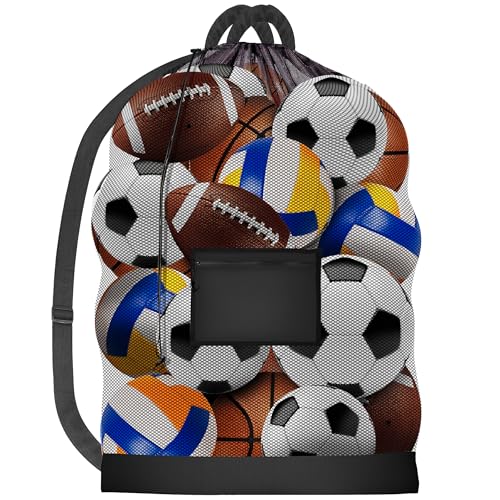 Handy Laundry Mesh Ball Bag - Up to 15 Balls Large Capacity Sports Equipment Bag Carrier with Adjustable Strap and Drawstring Closure - For Soccer, Basketball, Volleyball
