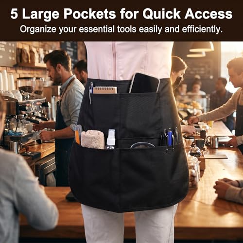 Waterproof Server Apron with 5 Large Pockets, Waist Apron for Women and Men, Cleaning Apron Utility Tool Belt for Waitress Housekeeping Gardening Barista Work Apron, Black