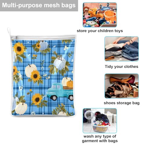 Mesh Laundry Bags Lingerie Bags for Washing Delicates 2 PCS Durable Wash Bag with Zipper Small and Medium Washable Blue Plaid Sunflower Pumpkin - color: Blue Plaid Sunflower Pumpkin