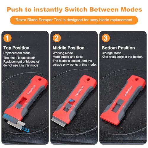 Razor Blade Scraper with 2 Pcs Plastic Scraper, Scraper Tool for Cooktop, Oven, Stove, Labels Decal, Plastic Blades for Clean Glass Window, Scraper Buit-In Blade torage, Upgraded Lock Mechanism,Gray