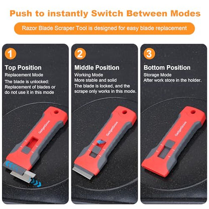 Razor Blade Scraper with 2 Pcs Plastic Scraper, Scraper Tool for Cooktop, Oven, Stove, Labels Decal, Plastic Blades for Clean Glass Window, Scraper Buit-In Blade torage, Upgraded Lock Mechanism,Gray