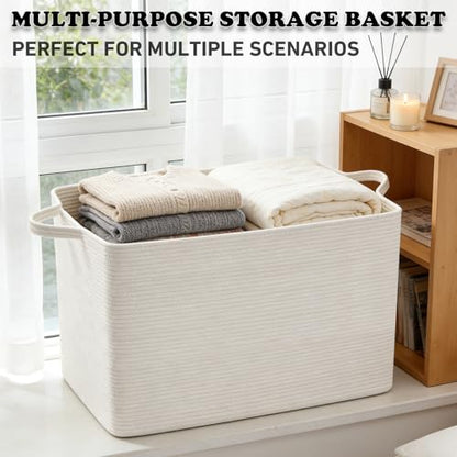 96L Woven Laundry Basket with Handles, Extra Blanket Basket,White - color: White, size: 96L