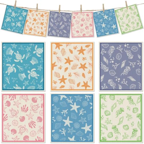 6 Pcs Swedish Paper Cloths for Kitchen, Reusable Paper Towels Washable - color: Ocean Series