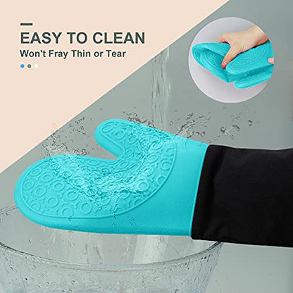 Silicone Oven Mitts - 14.6" Heat Resistant Oven Gloves for Baking, Cooking - color: Turquoise & Black, size: 14.6in Oven Mitts