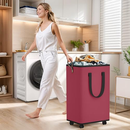 SpaceTrove Rolling Laundry Basket with Wheels, Laundry Hamper, 100L, Red - color: Red, size: 100L