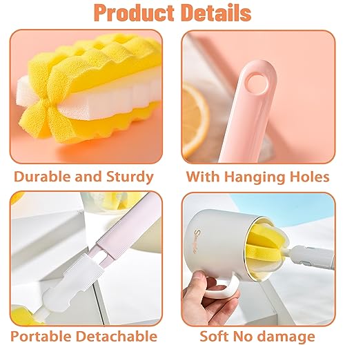 INVODA 4PCS Bottle Brush Long Handle Cup Cleaner Brush Sponge Bottle Scrubber Detachable Handle Portable Sponge Cleaning Brush for Baby Bottle Dishwashing Kitchen Clean Glasses Mugs (4 PCS) - color: Yellow Sponge Brush 4pcs