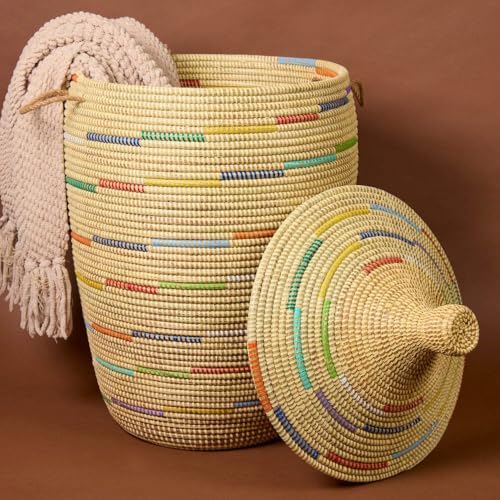 Big Blanket Basket, Beige Decorative Wicker Hamper with Lid and Handles, 18" Wide, 23" Tall - color: Beige Color Swirl