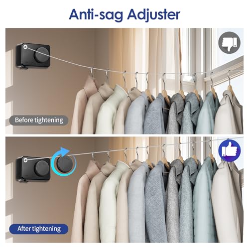 Retractable Clothesline Indoor, Non-Sagging Clothes Line Retracting Outdoors,13.8Ft Heavy Duty Clothes Drying Laundry Line, Wall Mounted Clothesline with 5pcs Hooks (RectangleBlack) - color: Black-13.8ft