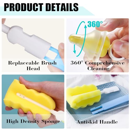 Baby Bottle Cleaning Brush 6-Piece Set Detachable Sponge Bottle Brush, Nylon Milk Bottle Brush, 2PCS Nipple Brush, 2PCS Straw Brush (Blue) - color: Blue