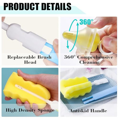 Baby Bottle Cleaning Brush 6-Piece Set Detachable Sponge Bottle Brush, Nylon Milk Bottle Brush, 2PCS Nipple Brush, 2PCS Straw Brush (Blue) - color: Blue