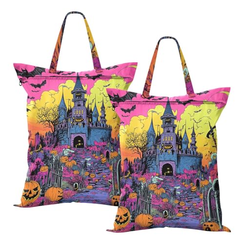 Travel Laundry Bags 2 PC Wet Dry Bag with Handle Dirty Clothes Organizer for Swimsuits Beach Camping Waterproof Washable Halloween Castle Bats Pumpkins Pink (1) - color: Halloween Castle Bats Pumpkins Pink (1)