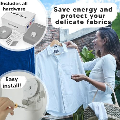 GorillaLine - Retractable Clothesline Indoor Outdoor Clothes Line - Heavy Duty Clothes Drying Laundry Line - Wall Mounted Drying Rack - Air Dry Clothing - color: Gray