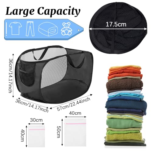 4Pcs Pop Up Laundry Hamper, FHDUSRYO Mesh Foldable Hamper with 4 Wash Bags - color: Black+Gray+Navy Blue+Beige