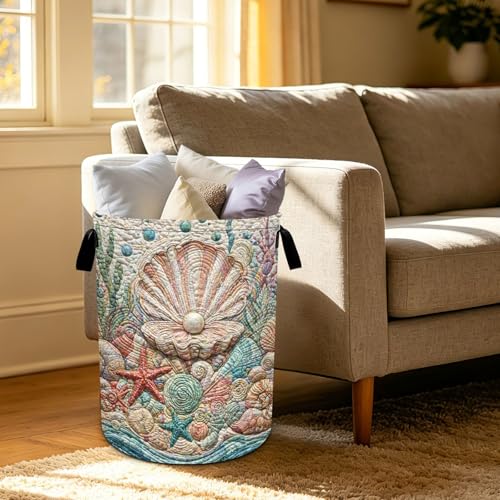Beach Laundry Basket Foldable Oxford Laundry Hamper With Handle For Room Bathroom Bedroom - color: Beach