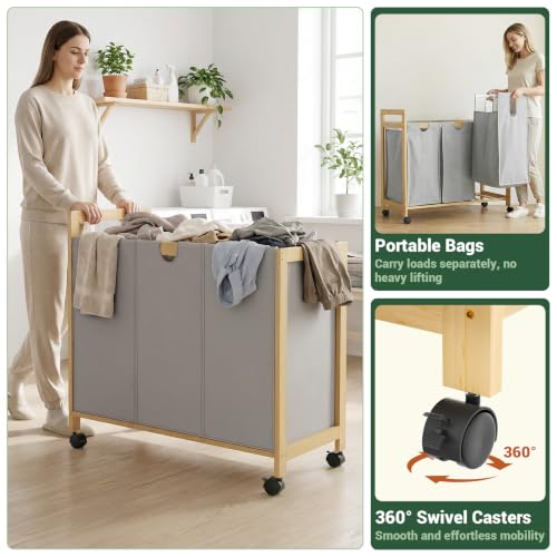 Homykic 250L Laundry Sorter with Wheels, 3-Section Laundry Hamper, Grey - color: Grey