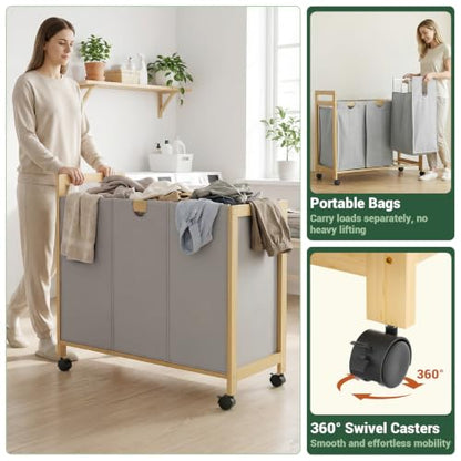 Homykic 250L Laundry Sorter with Wheels, 3-Section Laundry Hamper, Grey - color: Grey