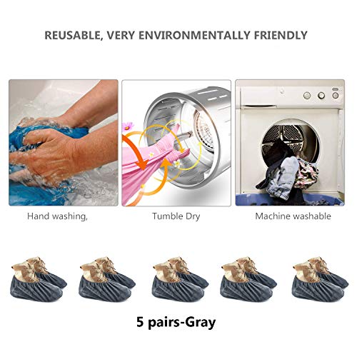 PlasMaller 5 Pairs Non Slip Washable Reusable Shoes Covers For Household Thickened Boots, Grey, L - color: Grey, size: Large