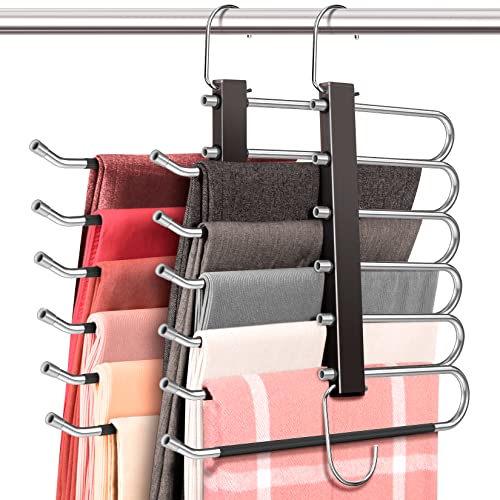 HUITEM Space Saving 6 Tier Pant Hangers, Anti-Slip, Stainless Steel, 2 Pack, Black - color: Black, size: 2 Pack