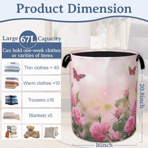 Butterfly Laundry Basket,Oxford Cloth Pink Rose Laundry Hamper With Handle Foldable Portable Clothes Storage Basket for Laundry Room/Bedroom/Bathroom 20.8"x16" - color: Butterfly Pink Rose