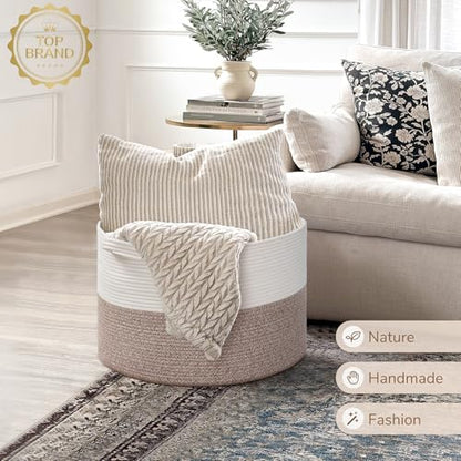 INDRESSME Large Woven Rope Blanket Basket Living Room Brown, 65L - color: White & Brown, size: 19.7"D x 12.6"H