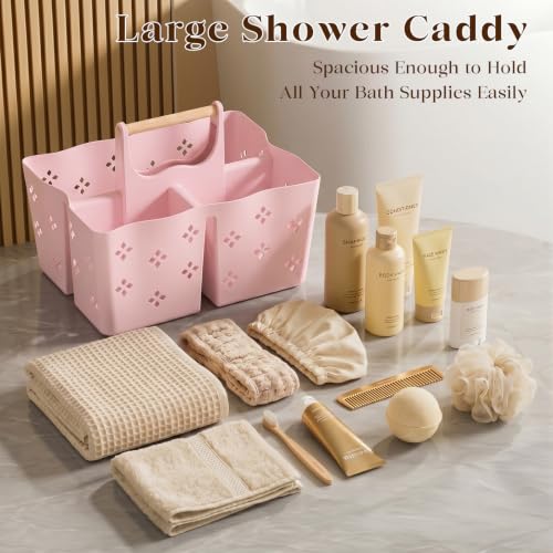 GVY Plastic Shower Caddy Portable, Large Capacity Shower Basket with Handle, Divided Bathroom Toiletry Organizer, Quick-Drain Shower Caddy for College Dorm Beach Kitchen Essentials, Pink - color: Pink