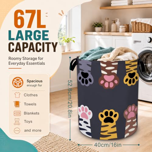 Cute Cat Paws Laundry Basket,Large Collapsible Portable Round Laundry Hamper with Handles,Oxford Storage Bin for Clothes,Blankets,Bedroom,Bathroom - color: Cute Cat Paws