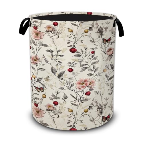 Vintage Pink Floral Butterfly Laundry Basket,Foldable Oxford Laundry Hamper with Handles,Portable Clothes Tote Bag Clothes Storage Bucket Organizer 20.8" x16" For Bathroom/Laundry Storage/Bedroom - color: Vintage Pink Floral Butterfly