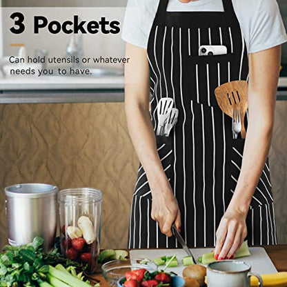 NLUS 2 Pack Cooking Aprons for Women with Pockets Adjustable Kitchen Bib Aprons for Women Men Chef, Black/White Stripe (Black/White Stripes) - color: Dark Black/White-2