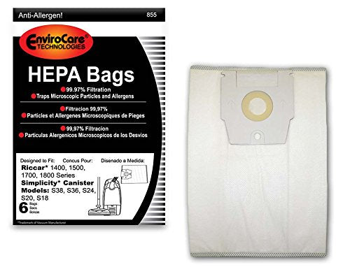 EnviroCare Replacement HEPA Filtration Vacuum Cleaner Dust Bags made to fit Riccar 1400, 1500, 1700, 1800 Series and Simplicity S38, S36, S24, S20 and S18 Canisters 6 pack