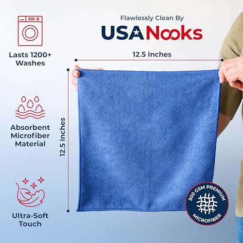 USANOOKS Premium 300GSM Microfiber Cleaning Cloth - 12.5"x12.5" High Performance - 1200 Washes, Ultra Absorbent Microfiber Towels for Cars Undercarriage, Rims & Engine Bay Cleaning - Microfiber Cloth - color: Blue, size: 12.5" x 12.5" (50 pack)