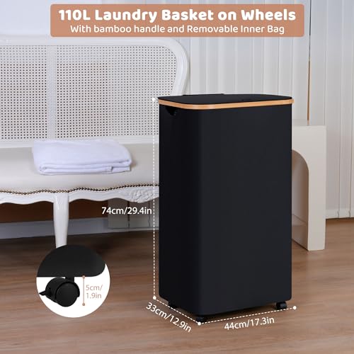 IEGrow Laundry Hamper with Wheels 110L Laundry Basket with Mesh Bag,Black - color: Black, size: 110L