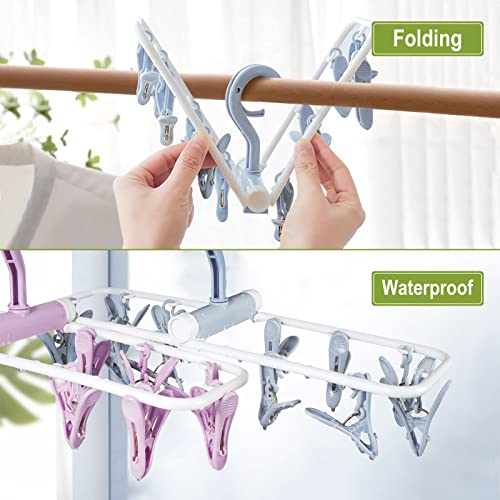 Clothes Drying Hanger with 12 Clips, 2 Pack Folding Portable Hanging Drying Rack,Drip Foldable Hanging Rack, 360° Rotatable Hook for Drying Towels Bras Baby Clothes Gloves Plastic(Blue&Purple) - color: Blue and Purple