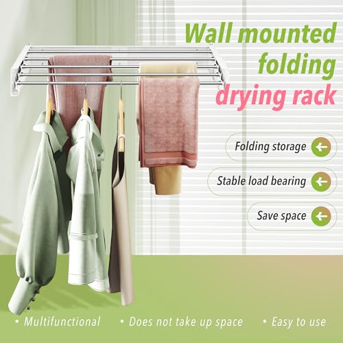 ZdwCyl Wall Mounted Drying Rack,32 inches,Foldbale, Clothes Drying Rack,Laundry Drying Rack Wall Mount,Drying Rack Clothing Space Saver,Retractable,Collapsible,Folding Laundry Rack,White - style: White-Stainless Steel