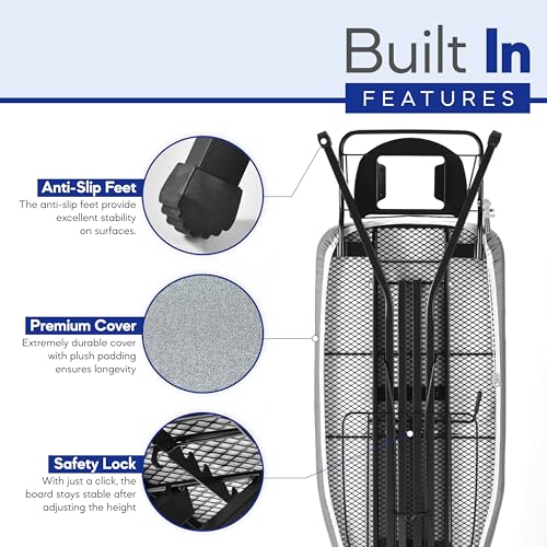 BKTD Extra-Wide Ironing Board – 48"×18" Large Surface (57" w/Iron Rest) • Built-in Clothes Rack, Hanger & Cord Holder • Heat-Resistant Cover • Heavy-Duty, No Wobble • Adjustable Height • Black Grey.
