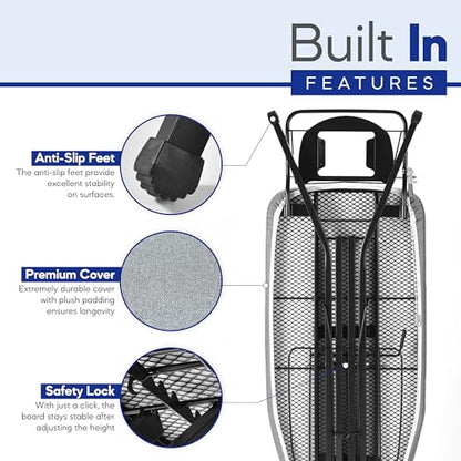 BKTD Extra-Wide Ironing Board – 48"×18" Large Surface (57" w/Iron Rest) • Built-in Clothes Rack, Hanger & Cord Holder • Heat-Resistant Cover • Heavy-Duty, No Wobble • Adjustable Height • Black Grey.
