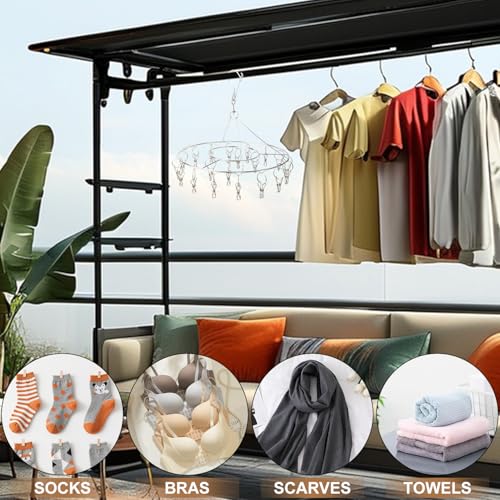 6 Pack 13 inch Round Stainless Steel Drying Rack with 20 Clips, Swivel Sock Drying Rack with Windproof Clips, Stainless Steel Clothes Hanger for Bras, Clothes, Sock & Underwear Towels - size: 6 Pack
